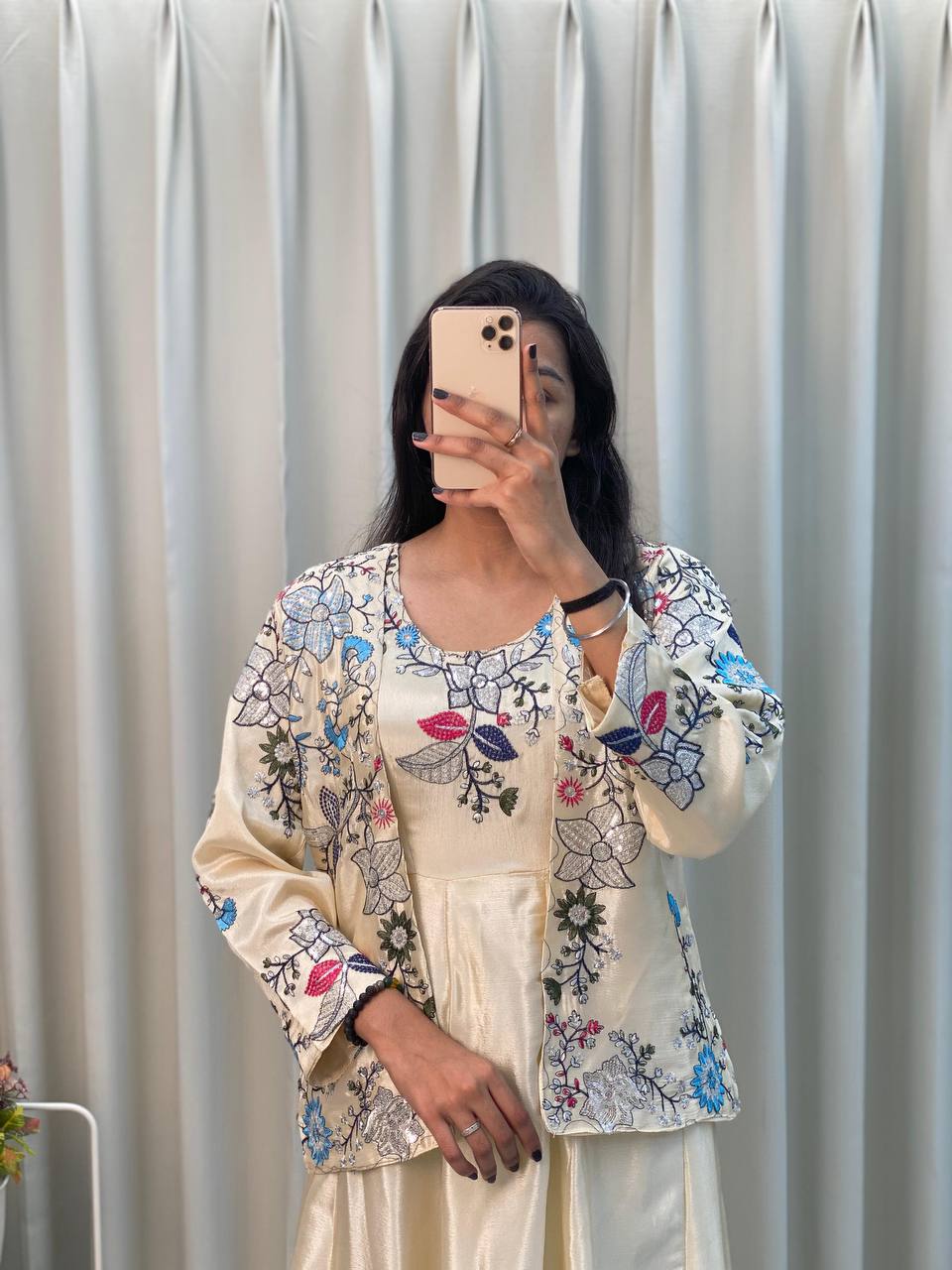 "Chinon Fabric Koti & Gown Set with Cording Sequence Embroidery β Free Size, Full-Stitched"