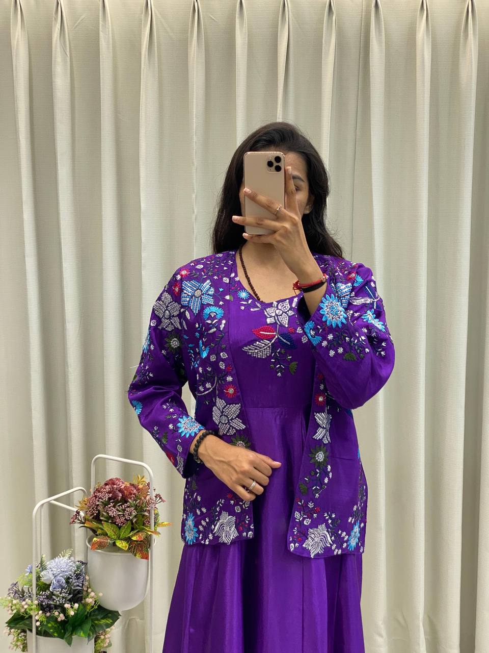 "Chinon Fabric Koti & Gown Set with Cording Sequence Embroidery β Free Size, Full-Stitched"