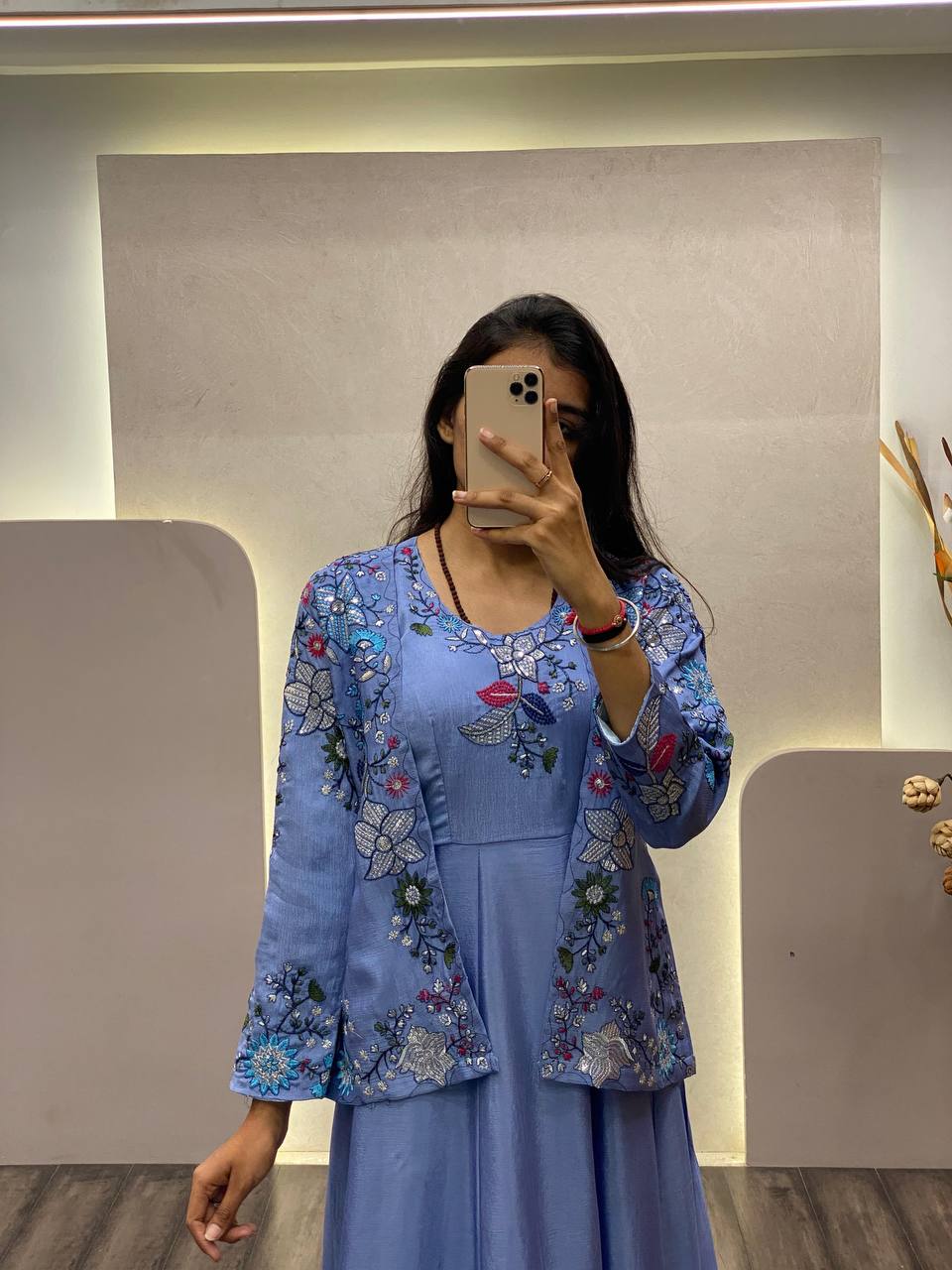 "Chinon Fabric Koti & Gown Set with Cording Sequence Embroidery β Free Size, Full-Stitched"