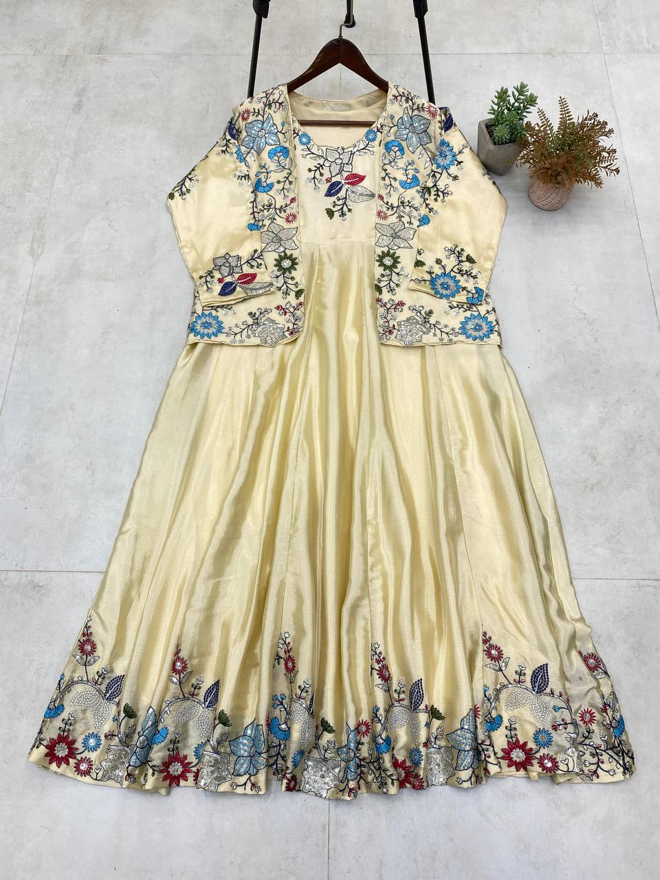 "Chinon Fabric Koti & Gown Set with Cording Sequence Embroidery β Free Size, Full-Stitched"