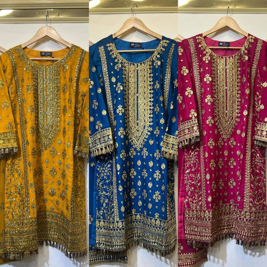 "Elegant Foux Gorgette Thread Work Set with Sequins & Lace Border"