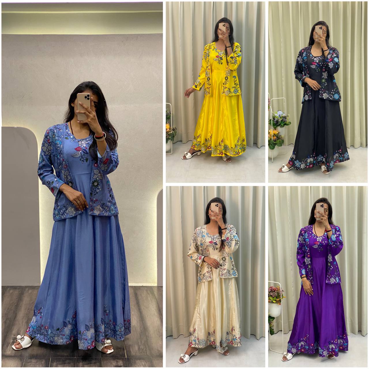 "Chinon Fabric Koti & Gown Set with Cording Sequence Embroidery β Free Size, Full-Stitched"