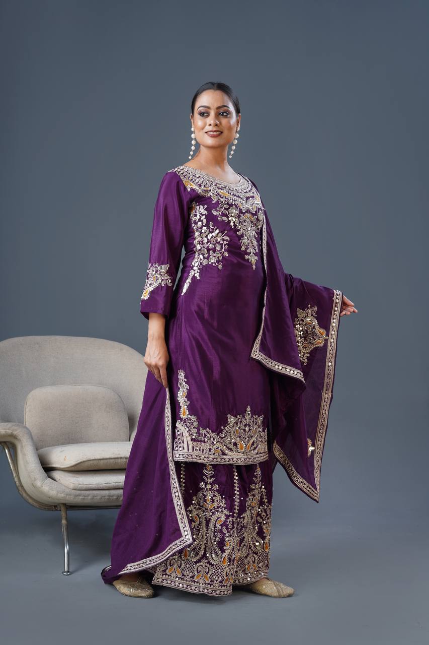 "Elegant Chinnon Silk Ensemble with Heavy Embroidery and Sequence Work"