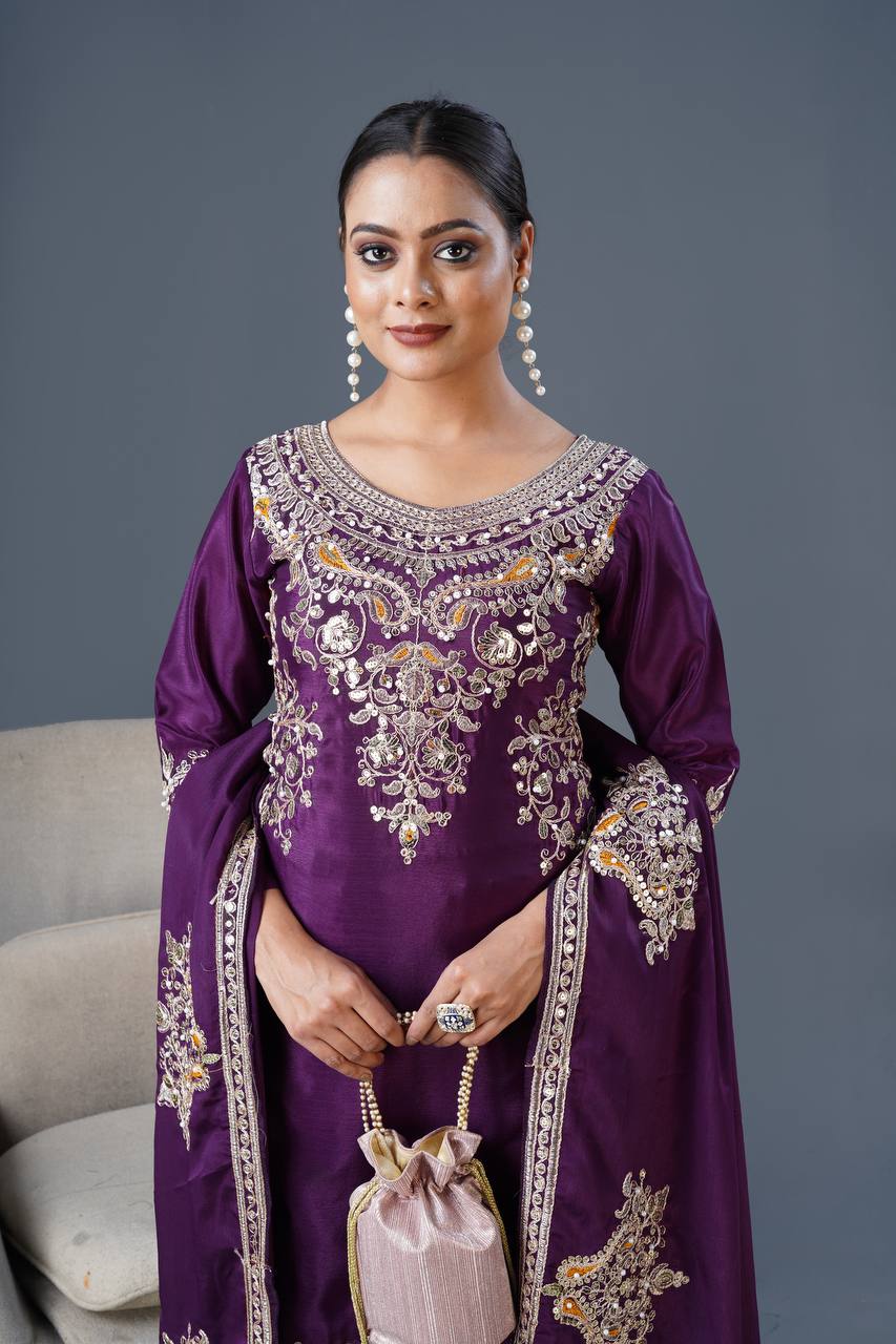 "Elegant Chinnon Silk Ensemble with Heavy Embroidery and Sequence Work"