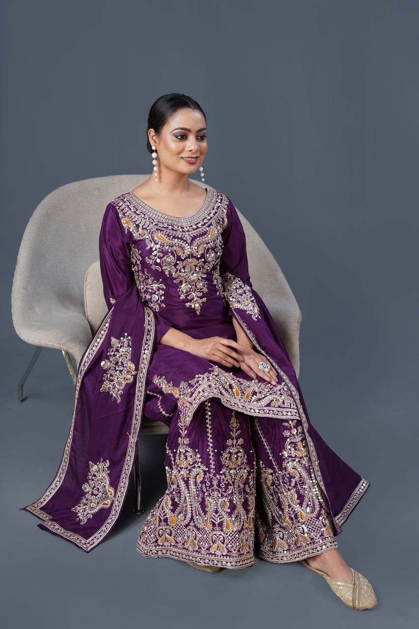"Elegant Chinnon Silk Ensemble with Heavy Embroidery and Sequence Work"
