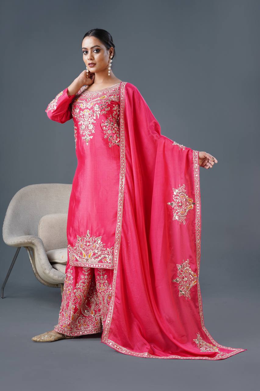 "Elegant Chinnon Silk Ensemble with Heavy Embroidery and Sequence Work"