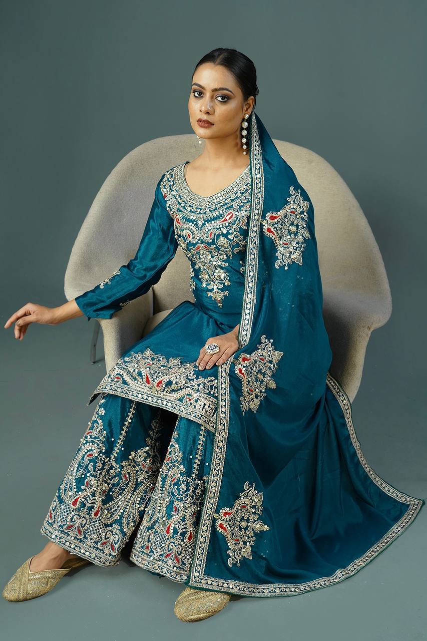 "Elegant Chinnon Silk Ensemble with Heavy Embroidery and Sequence Work"