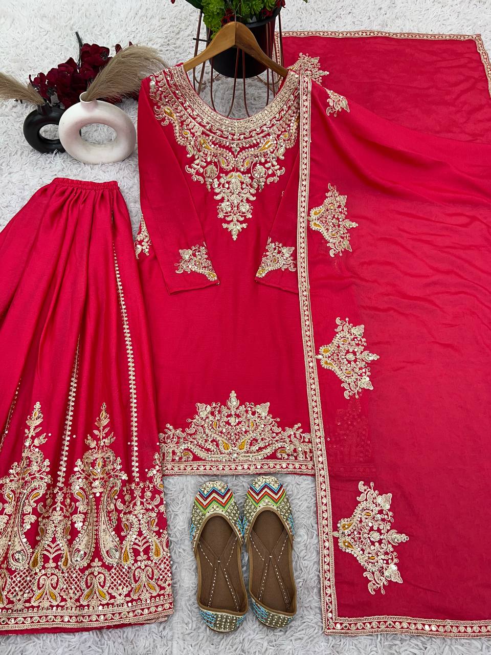 "Elegant Chinnon Silk Ensemble with Heavy Embroidery and Sequence Work"