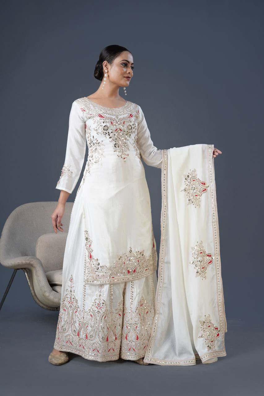 "Elegant Chinnon Silk Ensemble with Heavy Embroidery and Sequence Work"