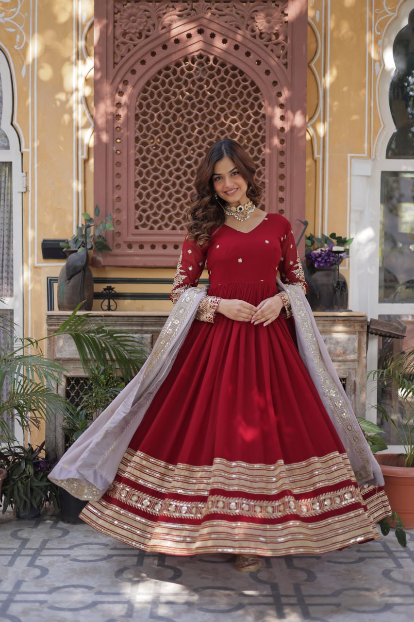 "Elegant Faux Blooming Embroidered Gown with Sequins & Designer Dupatta"