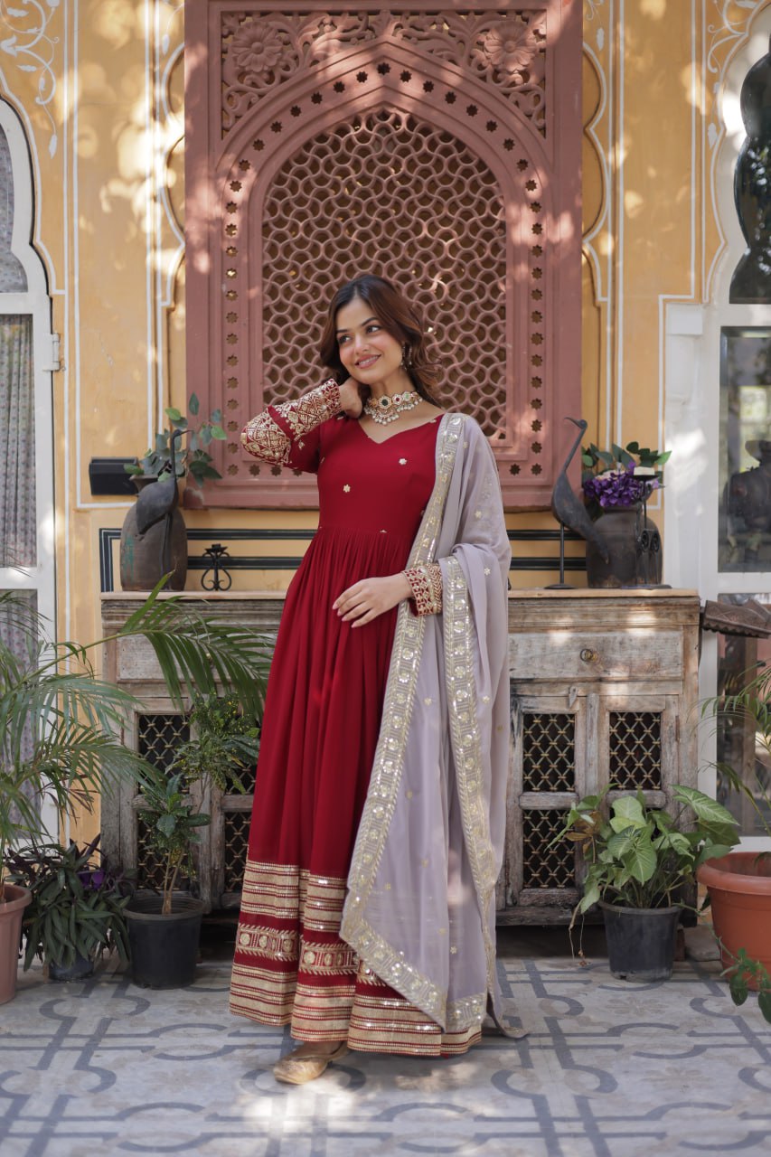 "Elegant Faux Blooming Embroidered Gown with Sequins & Designer Dupatta"