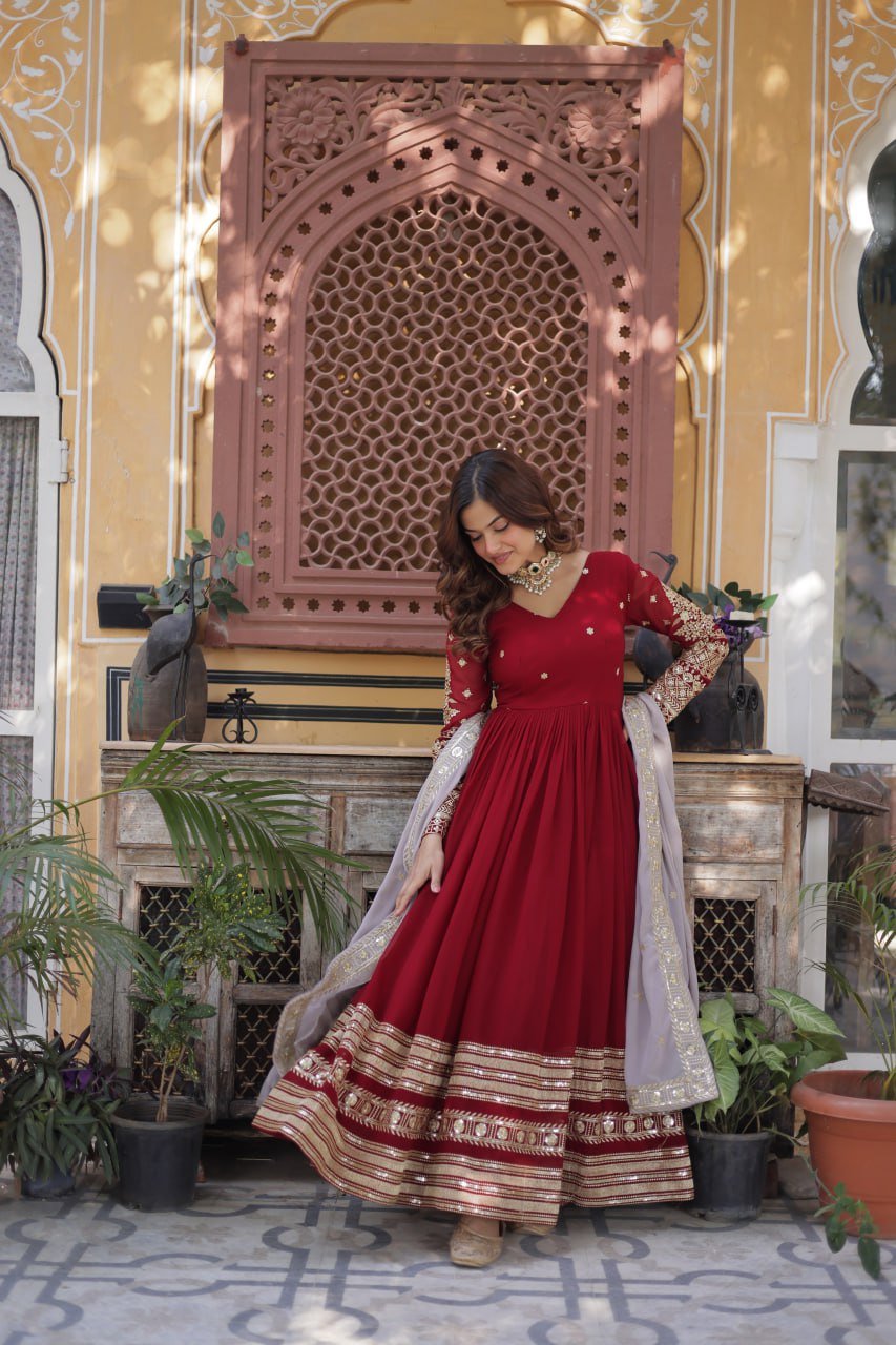 "Elegant Faux Blooming Embroidered Gown with Sequins & Designer Dupatta"