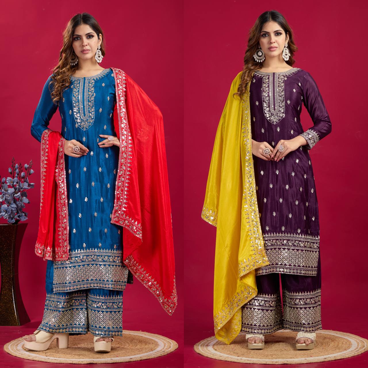 "Elegant Chinnon Silk Embroidered 3-Piece Set with Sequence Work"
