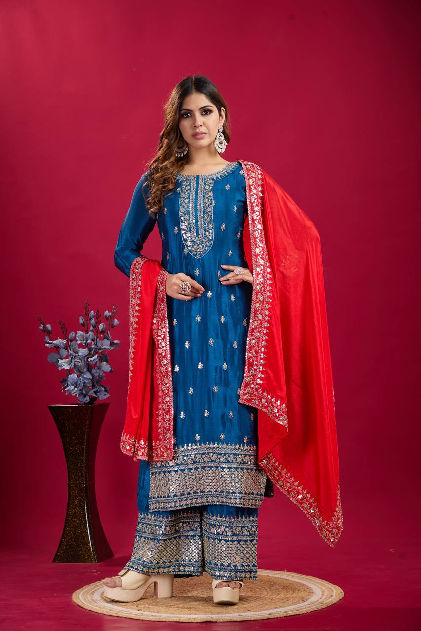"Elegant Chinnon Silk Embroidered 3-Piece Set with Sequence Work"