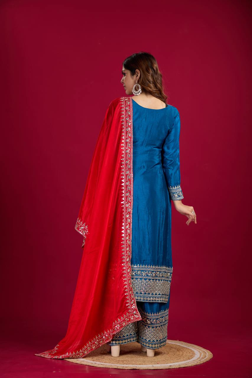 "Elegant Chinnon Silk Embroidered 3-Piece Set with Sequence Work"