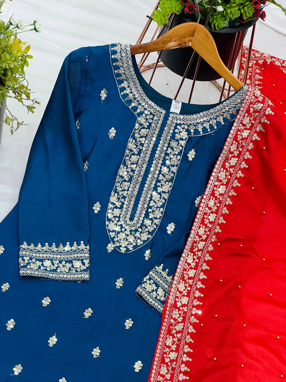 "Elegant Chinnon Silk Embroidered 3-Piece Set with Sequence Work"