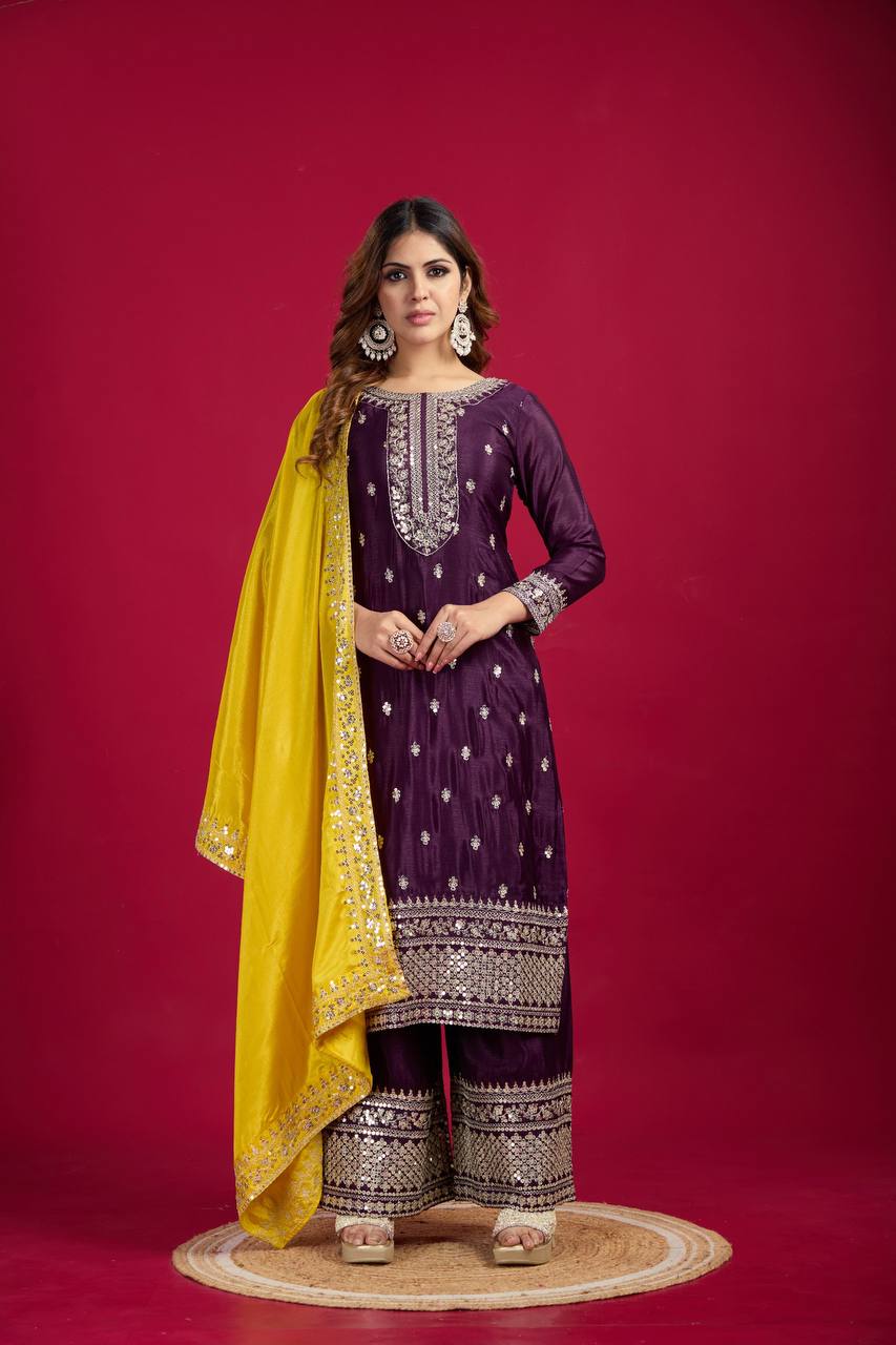 "Elegant Chinnon Silk Embroidered 3-Piece Set with Sequence Work"