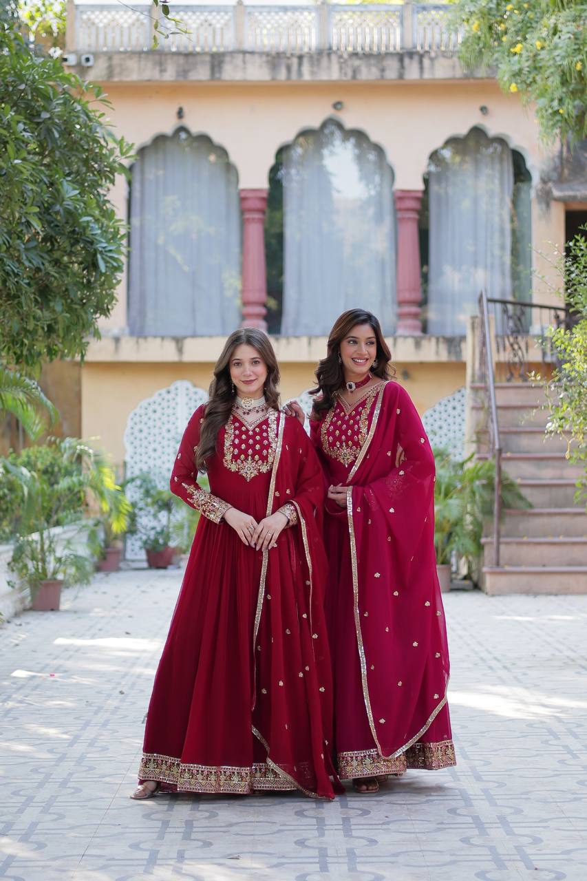 "Elegant Faux Blooming Georgette Gown with Sequins Embroidery & Matching Dupatta"