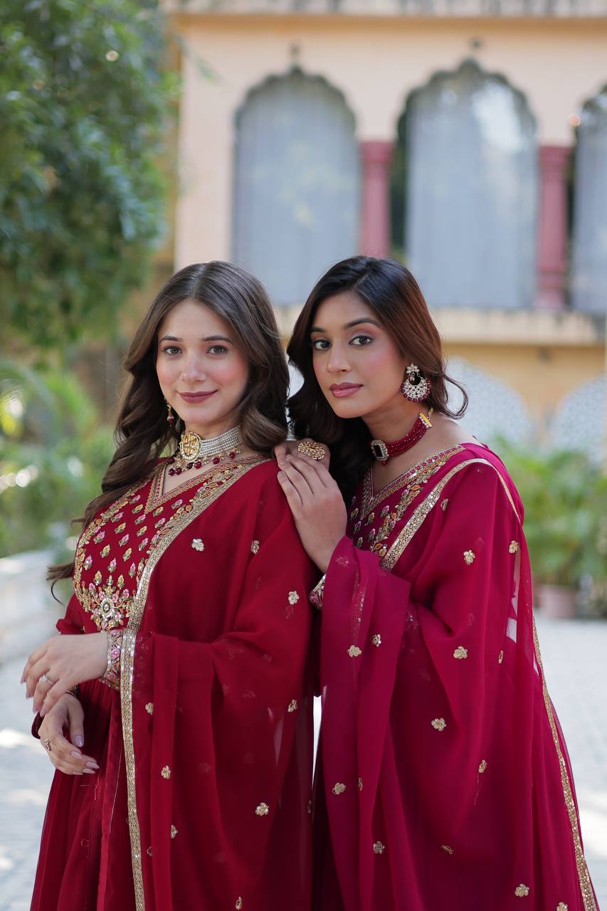 "Elegant Faux Blooming Georgette Gown with Sequins Embroidery & Matching Dupatta"