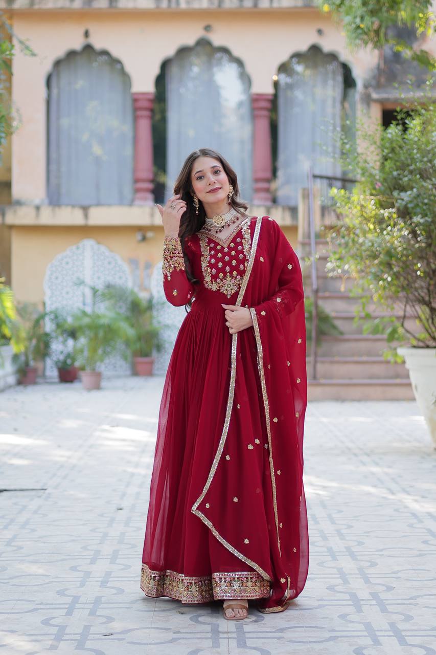 "Elegant Faux Blooming Georgette Gown with Sequins Embroidery & Matching Dupatta"