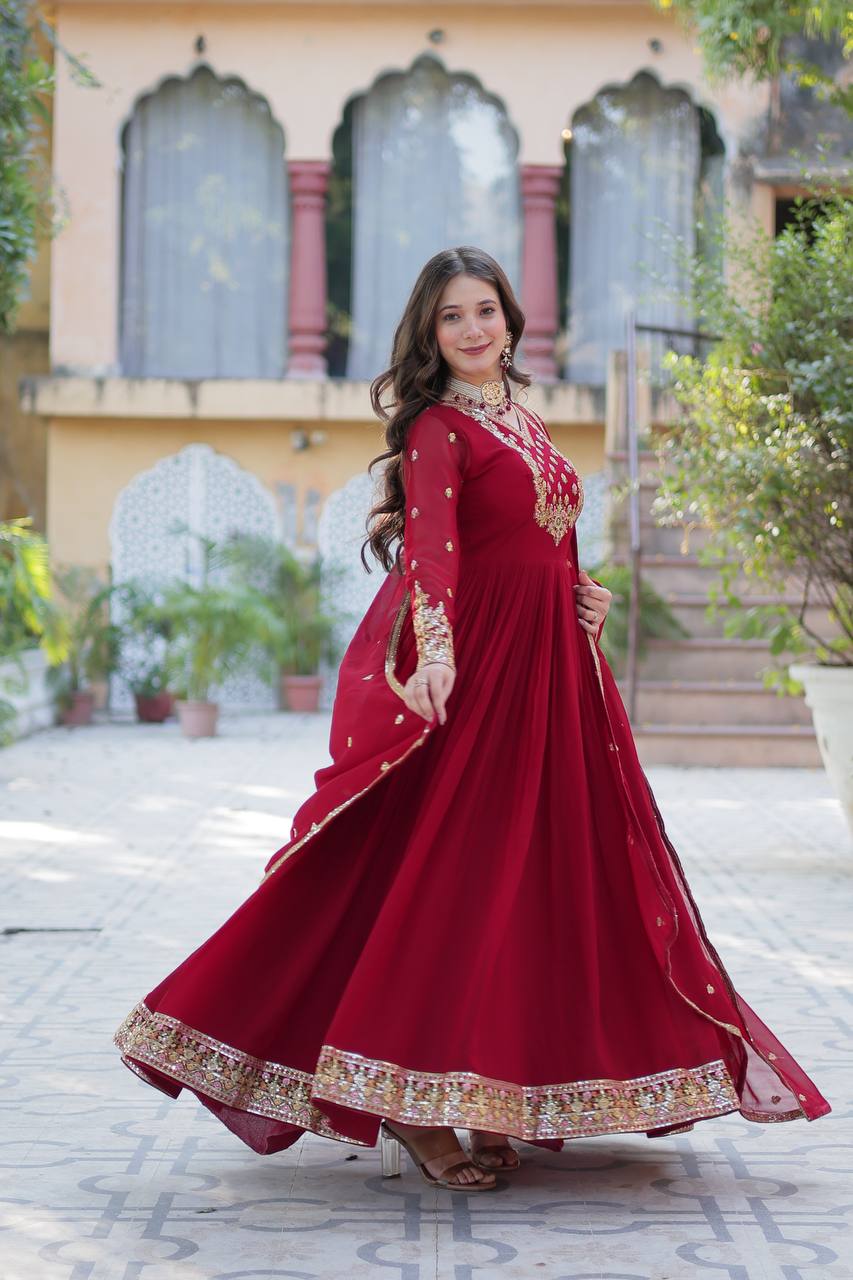 "Elegant Faux Blooming Georgette Gown with Sequins Embroidery & Matching Dupatta"