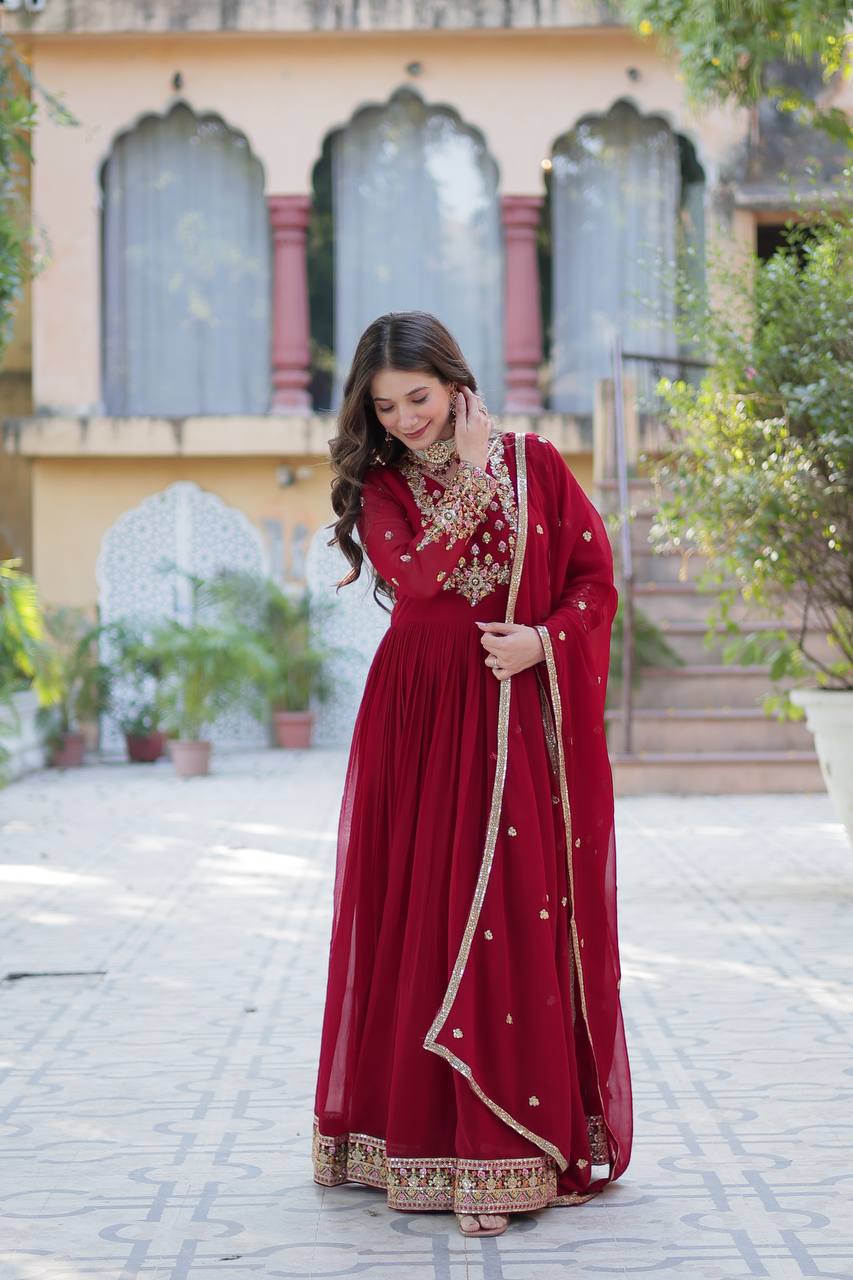 "Elegant Faux Blooming Georgette Gown with Sequins Embroidery & Matching Dupatta"