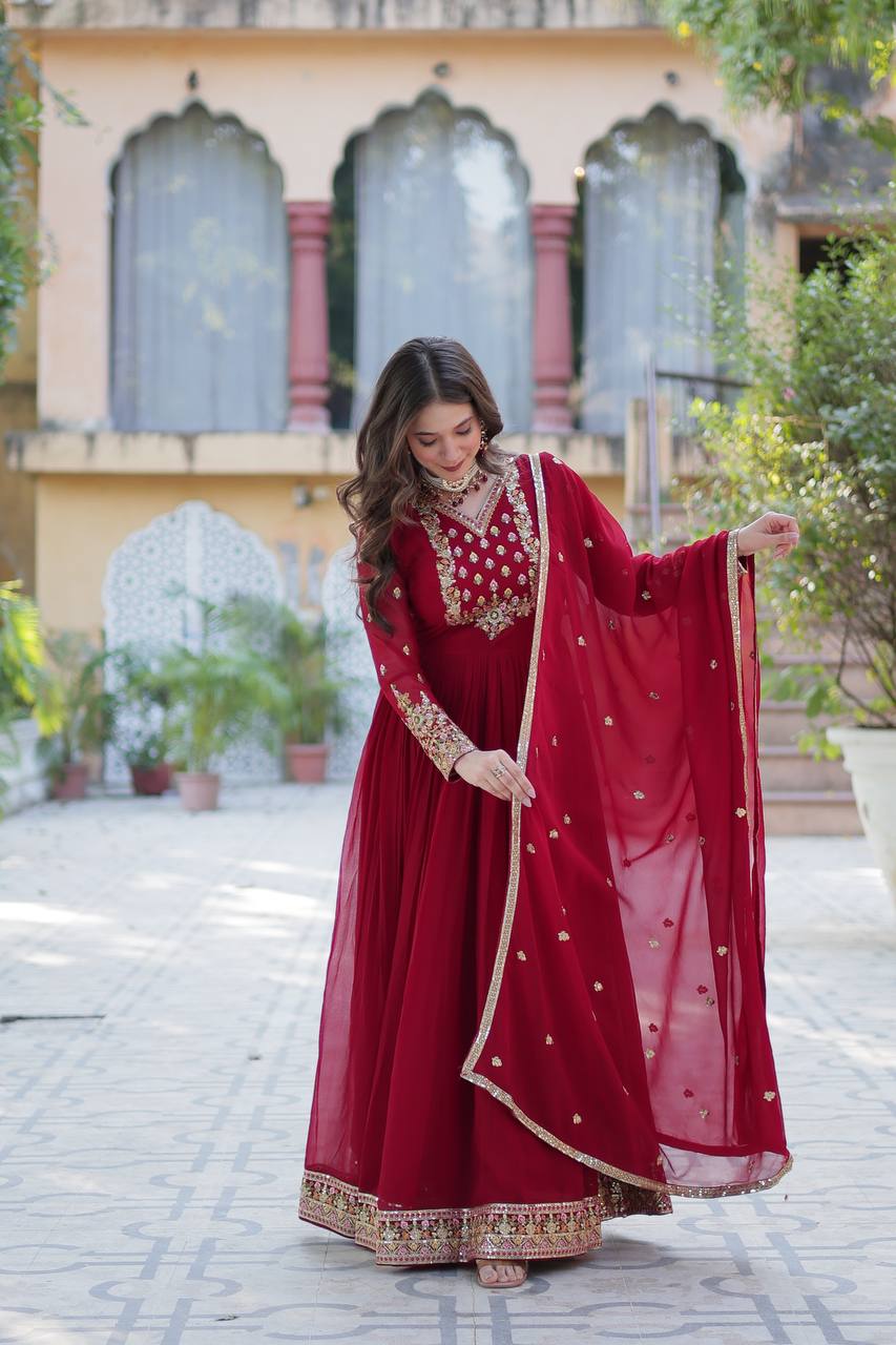 "Elegant Faux Blooming Georgette Gown with Sequins Embroidery & Matching Dupatta"