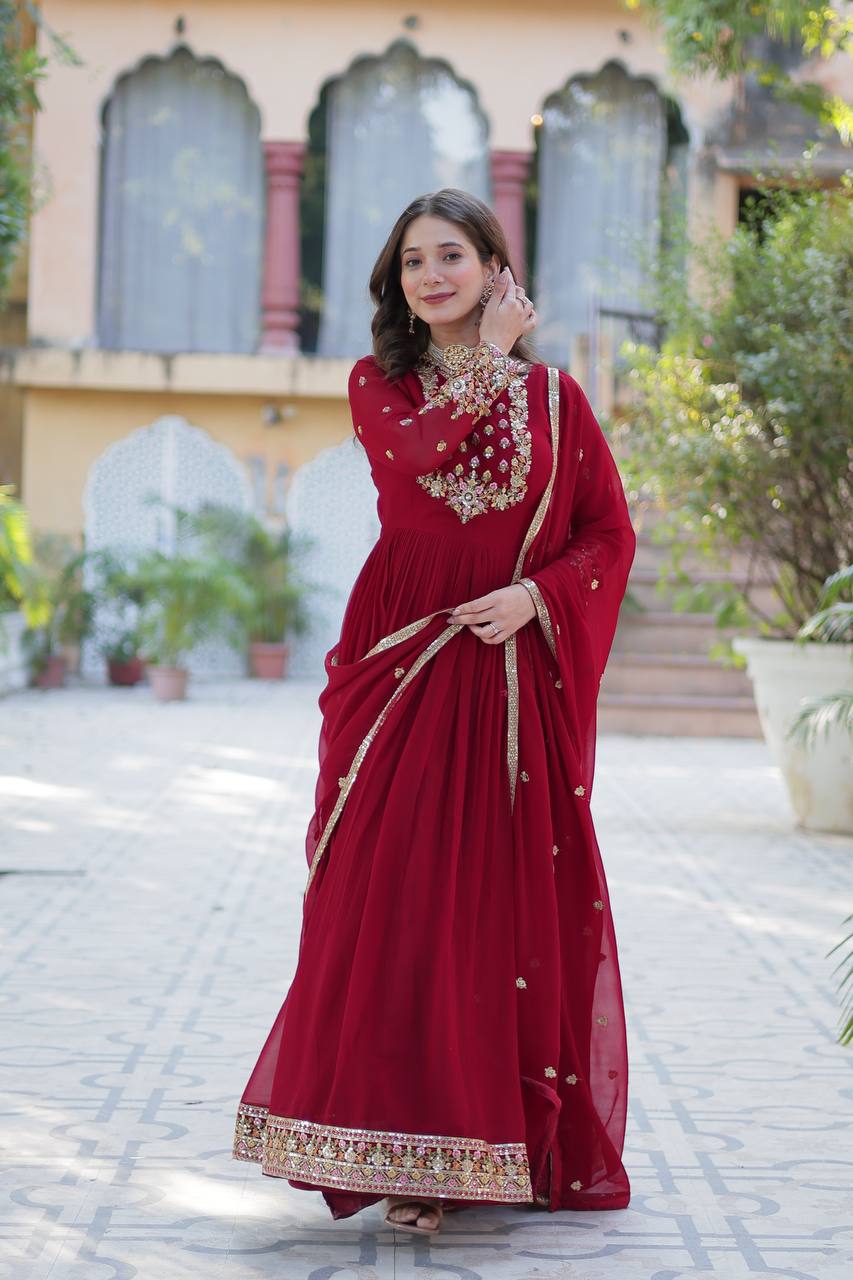 "Elegant Faux Blooming Georgette Gown with Sequins Embroidery & Matching Dupatta"