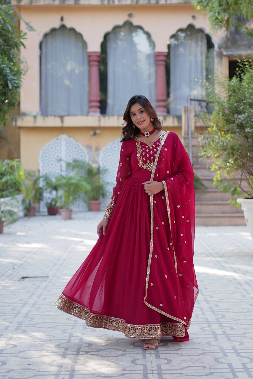 "Elegant Faux Blooming Georgette Gown with Sequins Embroidery & Matching Dupatta"