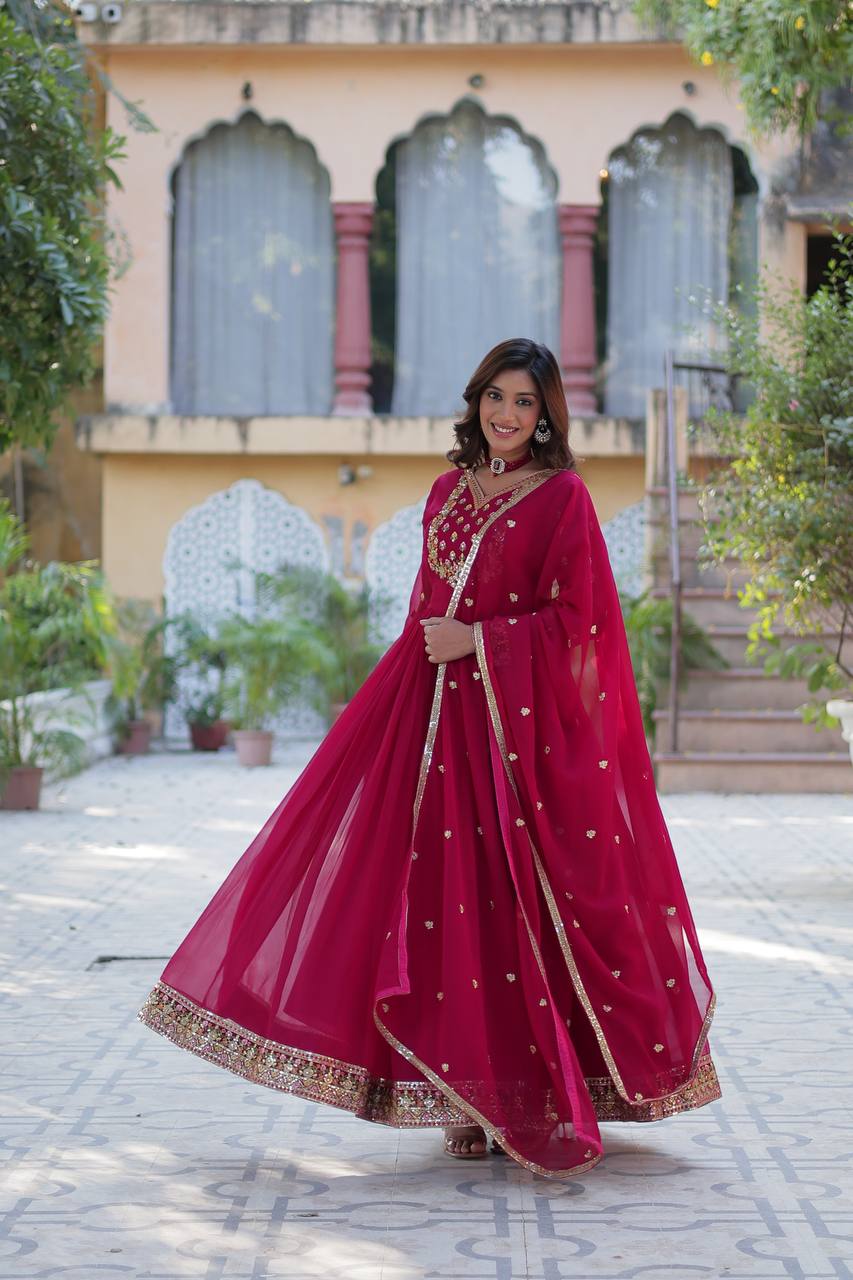"Elegant Faux Blooming Georgette Gown with Sequins Embroidery & Matching Dupatta"
