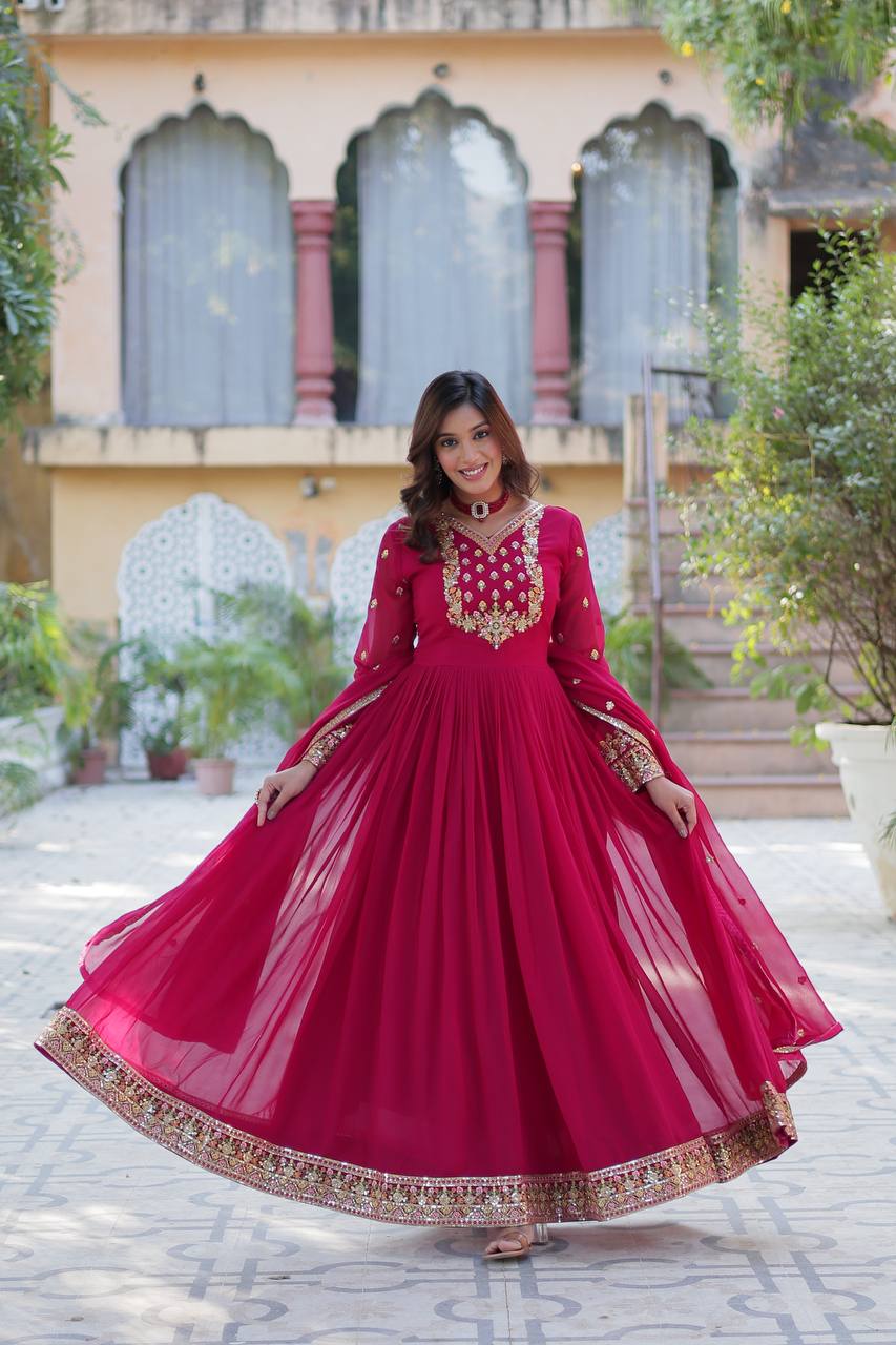 "Elegant Faux Blooming Georgette Gown with Sequins Embroidery & Matching Dupatta"