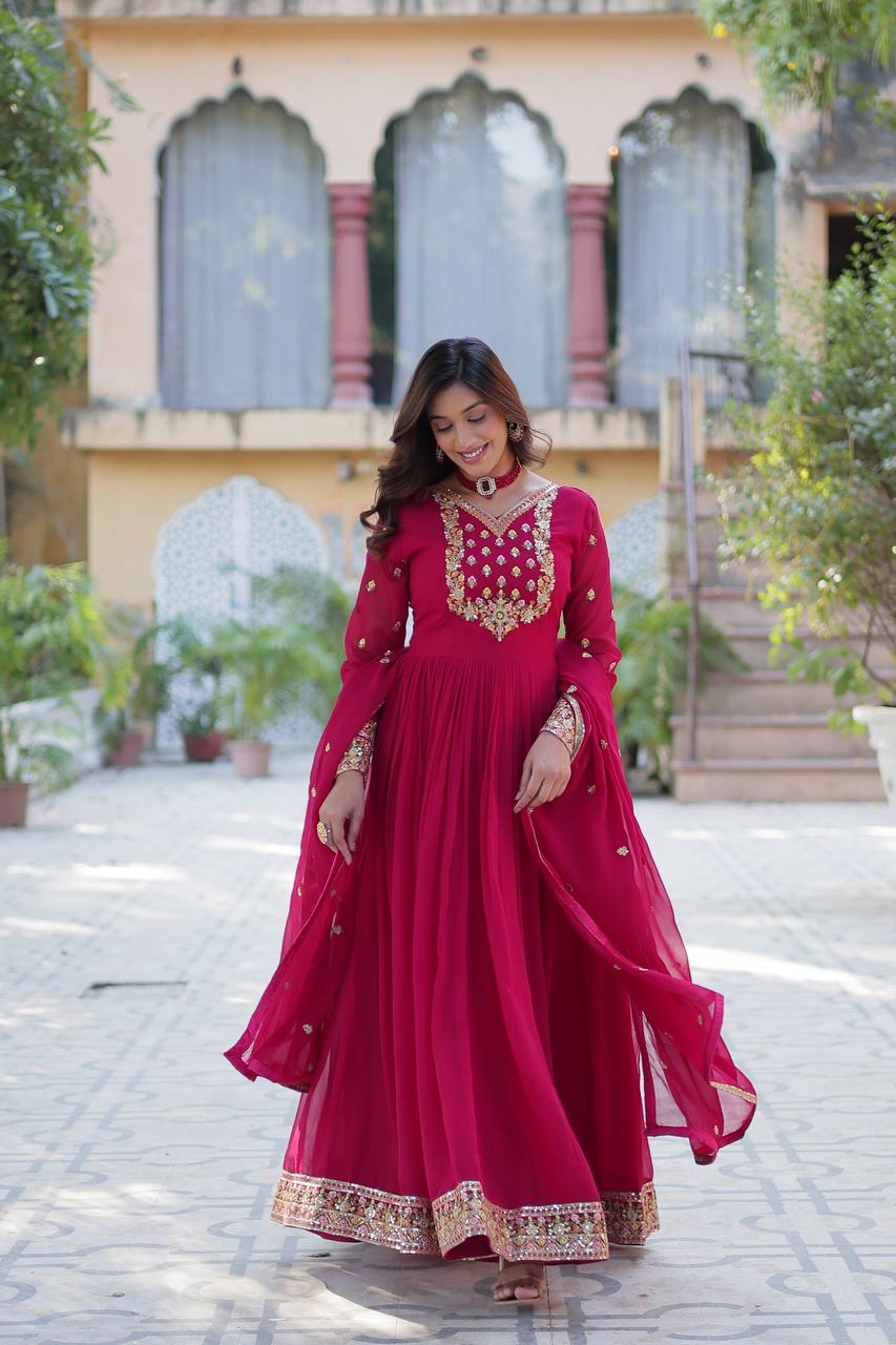 "Elegant Faux Blooming Georgette Gown with Sequins Embroidery & Matching Dupatta"