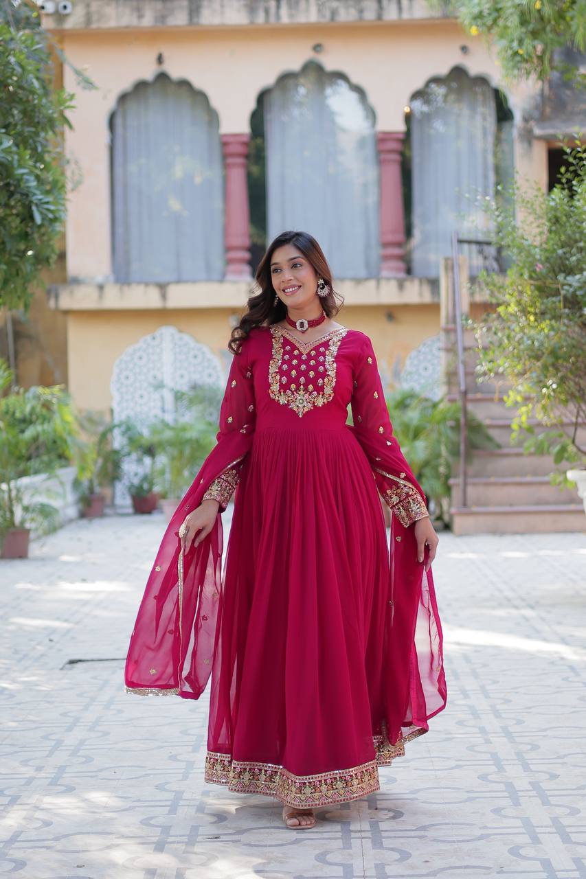 "Elegant Faux Blooming Georgette Gown with Sequins Embroidery & Matching Dupatta"