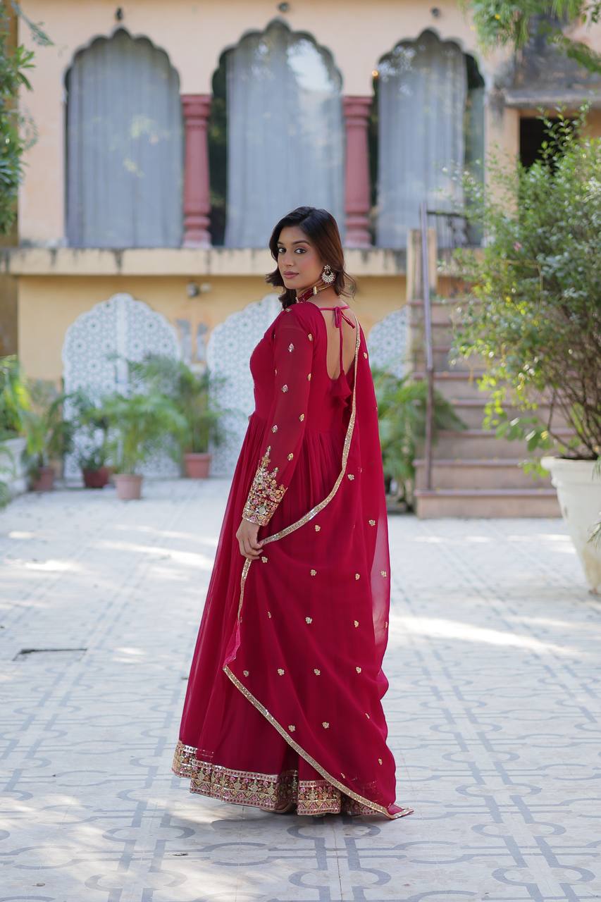 "Elegant Faux Blooming Georgette Gown with Sequins Embroidery & Matching Dupatta"