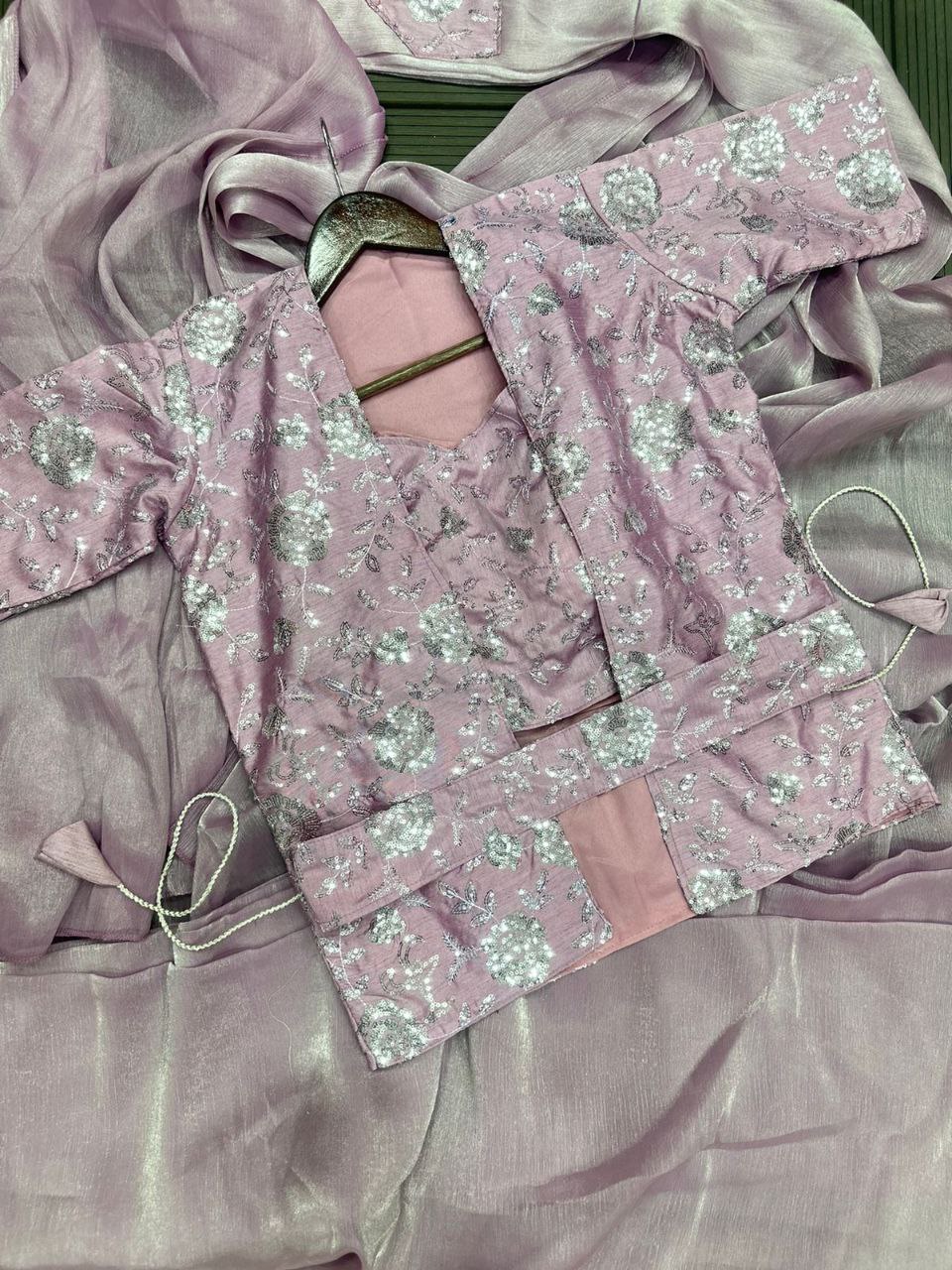 "Elegant Heavy Barbari Saree Set with Embroidered Jacket, Blouse & Belt"