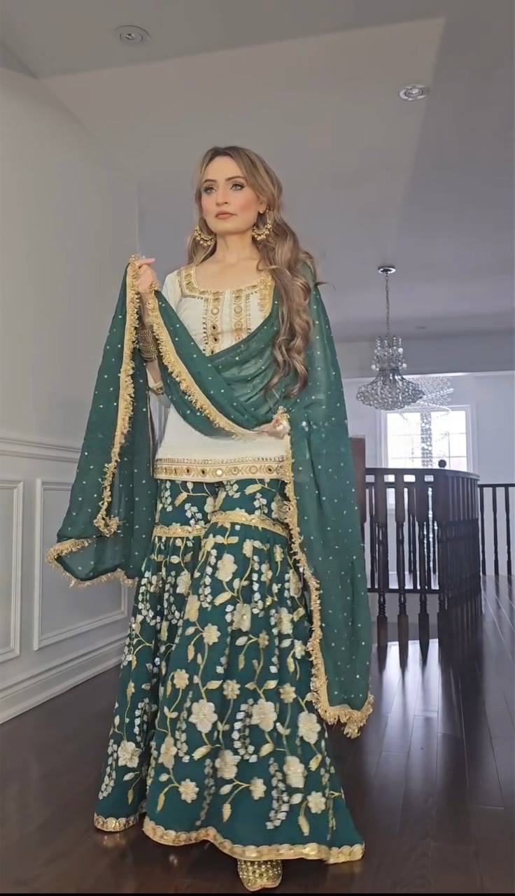 "Elegant Heavy Malay Silk Top & Pure Chinnon Silk Sharara Set with Intricate Embroidery and Mirror Work"