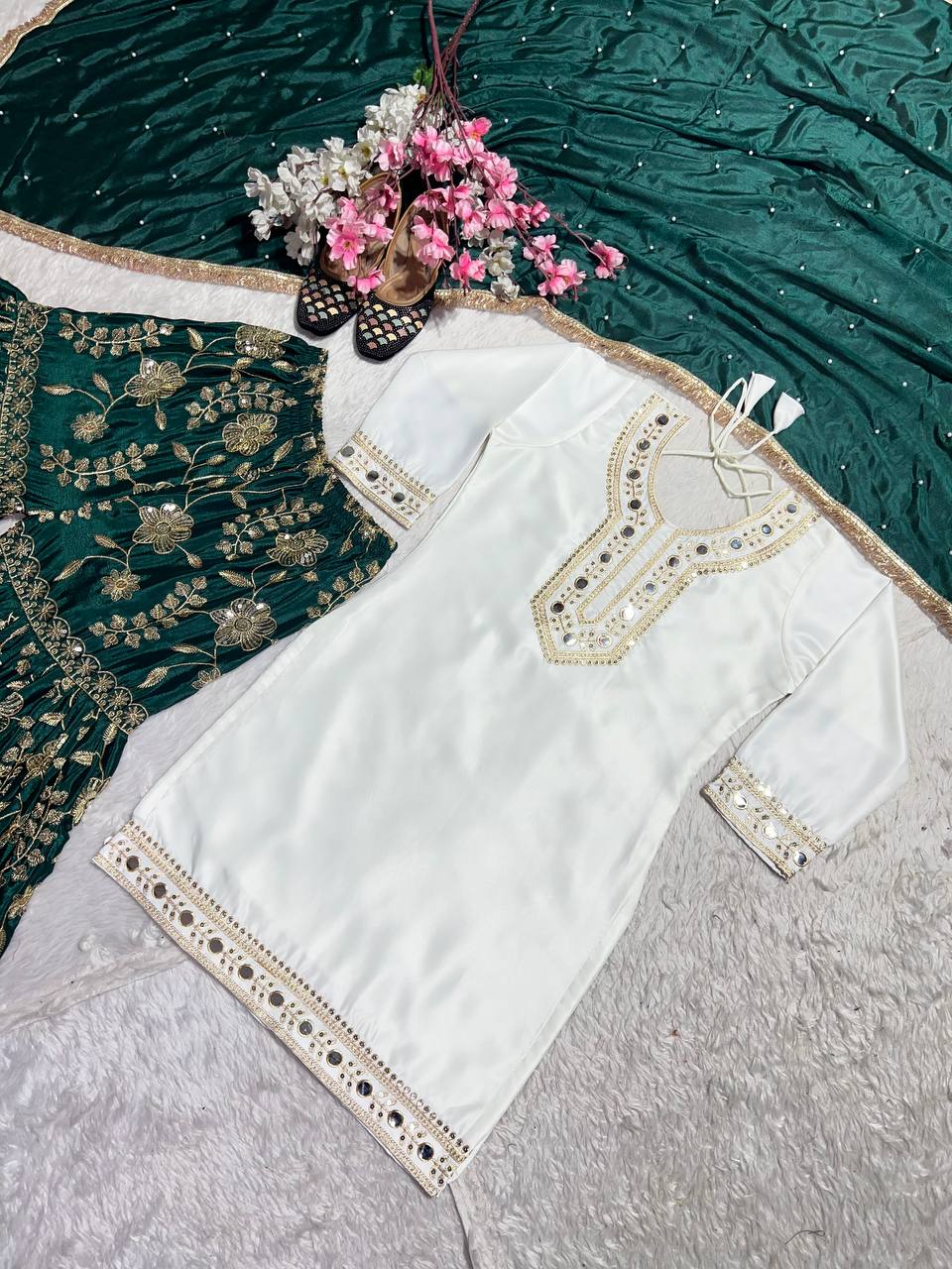"Elegant Heavy Malay Silk Top & Pure Chinnon Silk Sharara Set with Intricate Embroidery and Mirror Work"