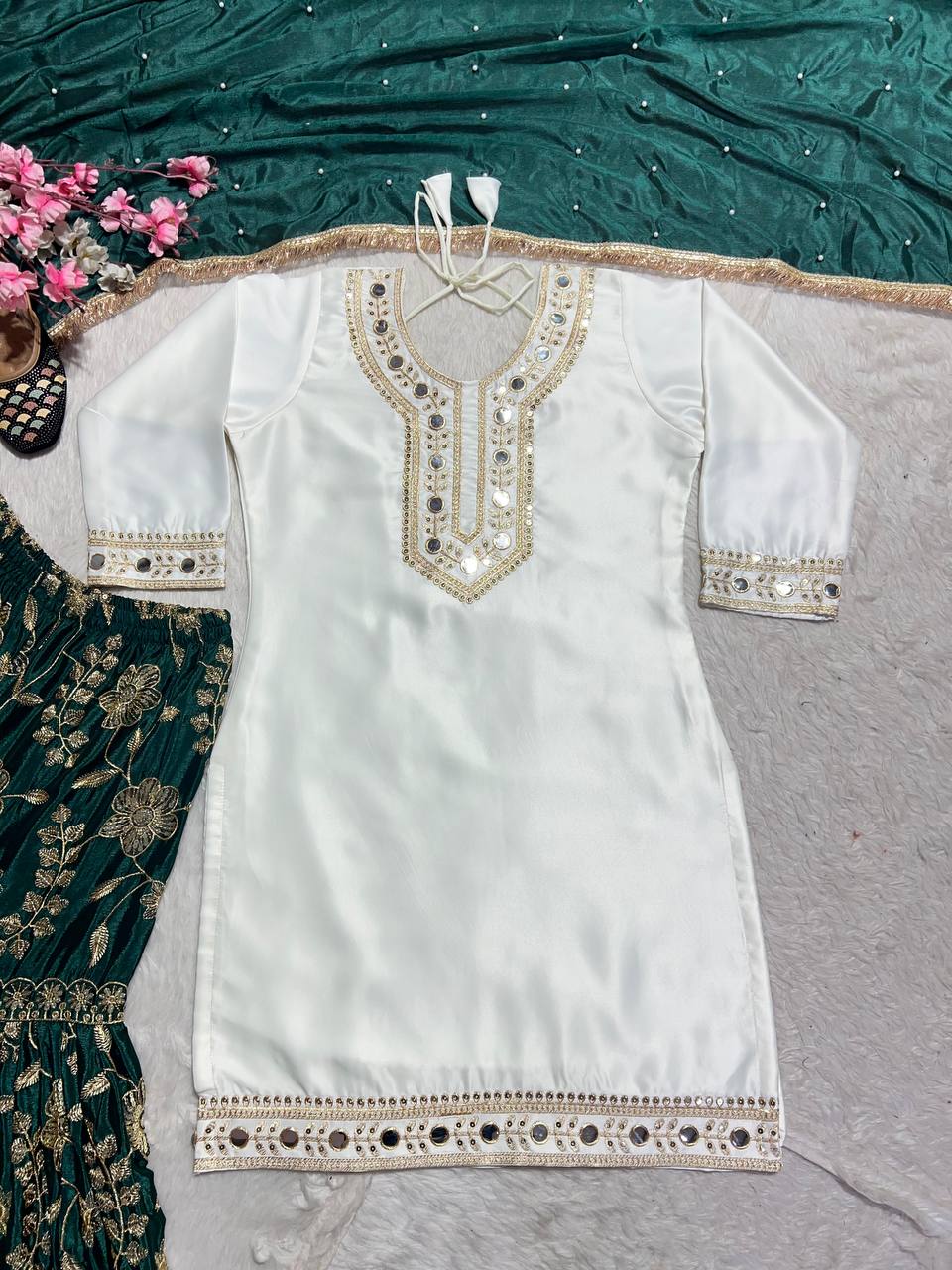 "Elegant Heavy Malay Silk Top & Pure Chinnon Silk Sharara Set with Intricate Embroidery and Mirror Work"