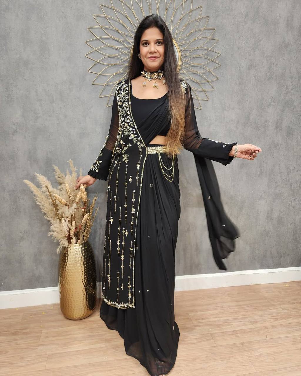 "Elegant Faux Georgette Lehenga Saree with Sequence Embroidery and Full-Stitched Blouse"