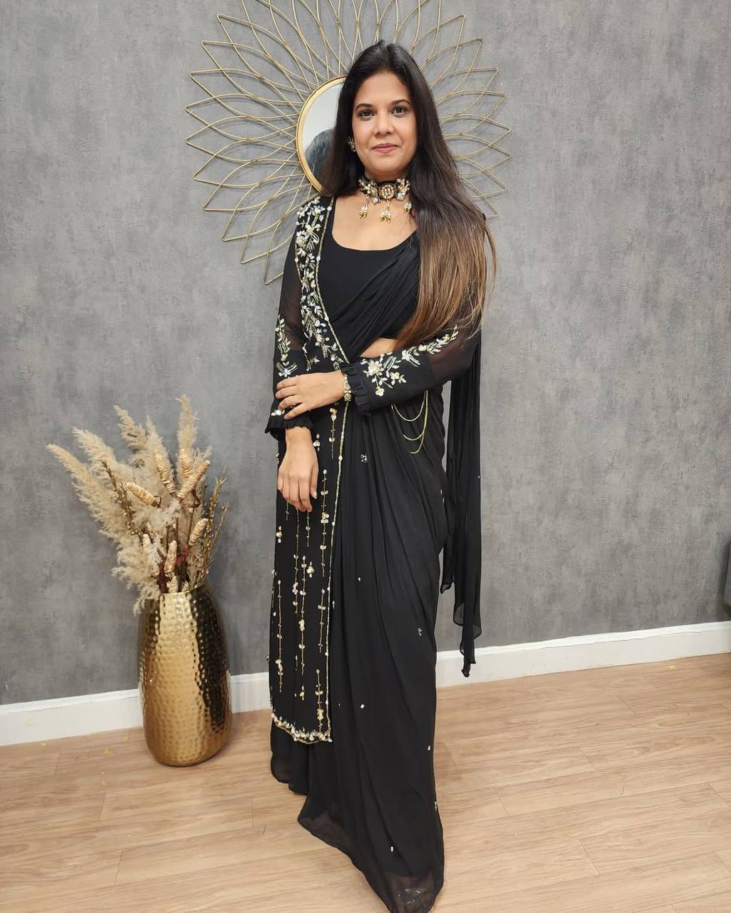 "Elegant Faux Georgette Lehenga Saree with Sequence Embroidery and Full-Stitched Blouse"