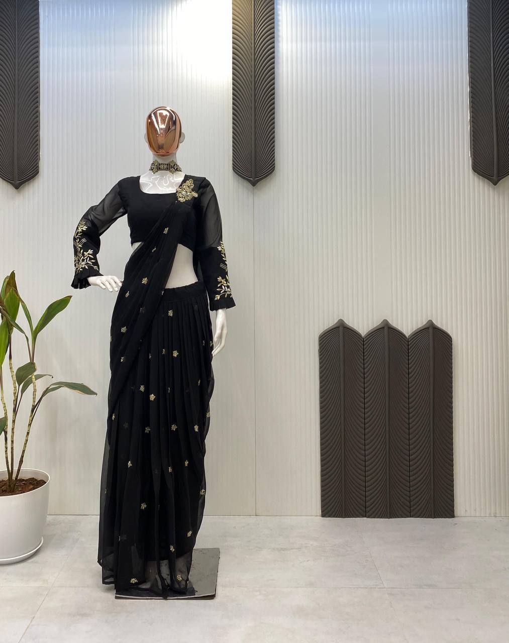 "Elegant Faux Georgette Lehenga Saree with Sequence Embroidery and Full-Stitched Blouse"