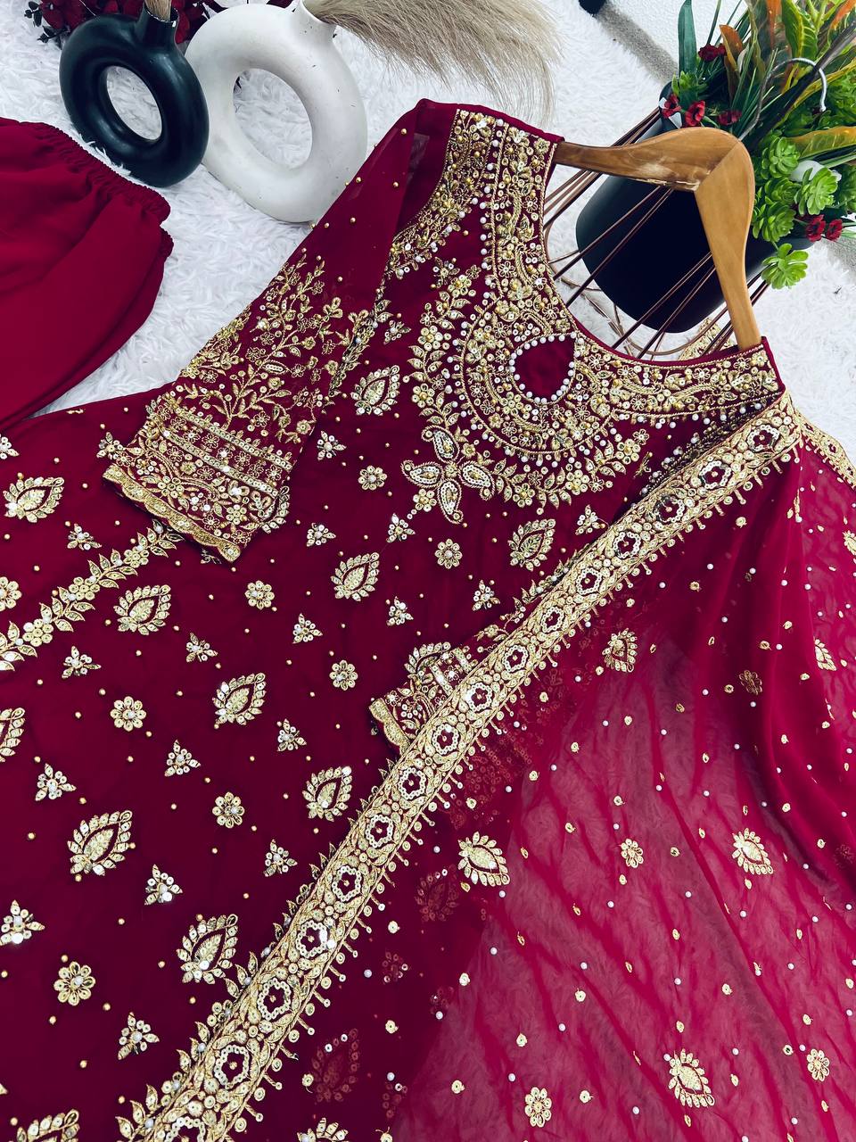 “Elegant Heavy Faux Georgette Embroidered 3-Piece Set with Full Sleeves & Sequence Work”