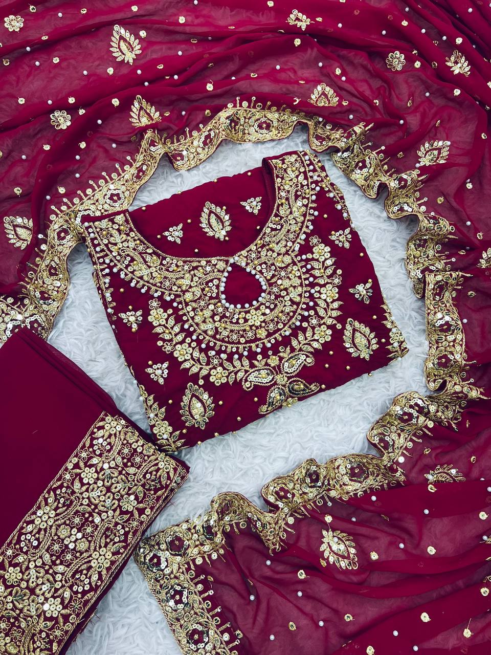 “Elegant Heavy Faux Georgette Embroidered 3-Piece Set with Full Sleeves & Sequence Work”