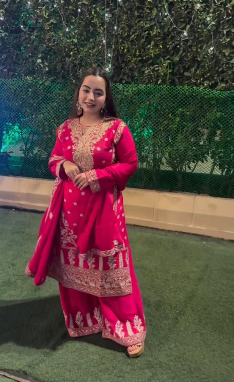 "Elegant Pure Cinon Silk Set with Embroidery β Top, Sarara, and Dupatta"