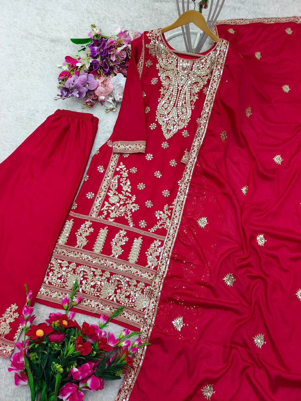"Elegant Pure Cinon Silk Set with Embroidery β Top, Sarara, and Dupatta"