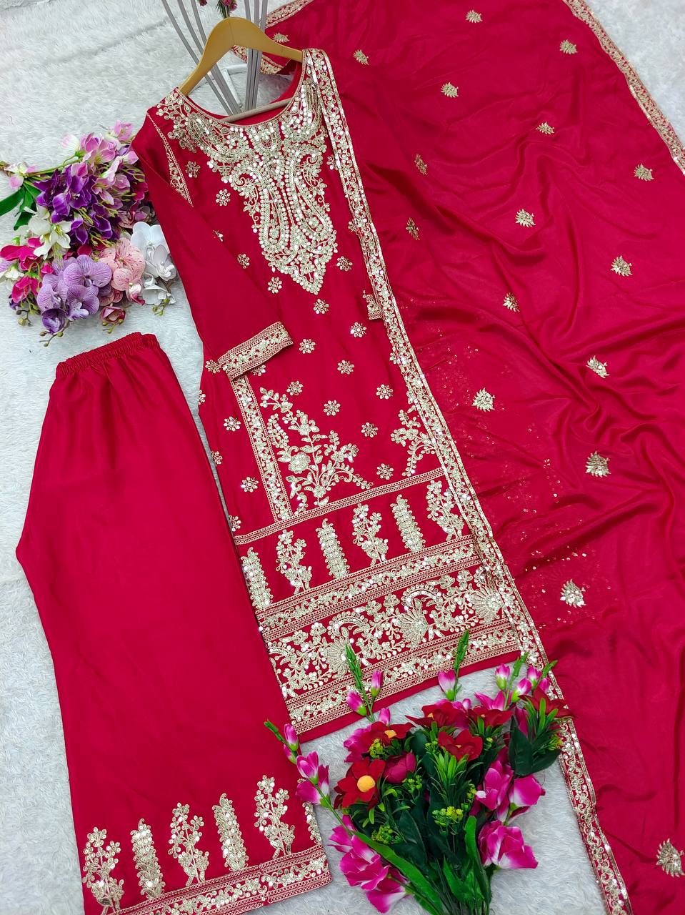"Elegant Pure Cinon Silk Set with Embroidery β Top, Sarara, and Dupatta"