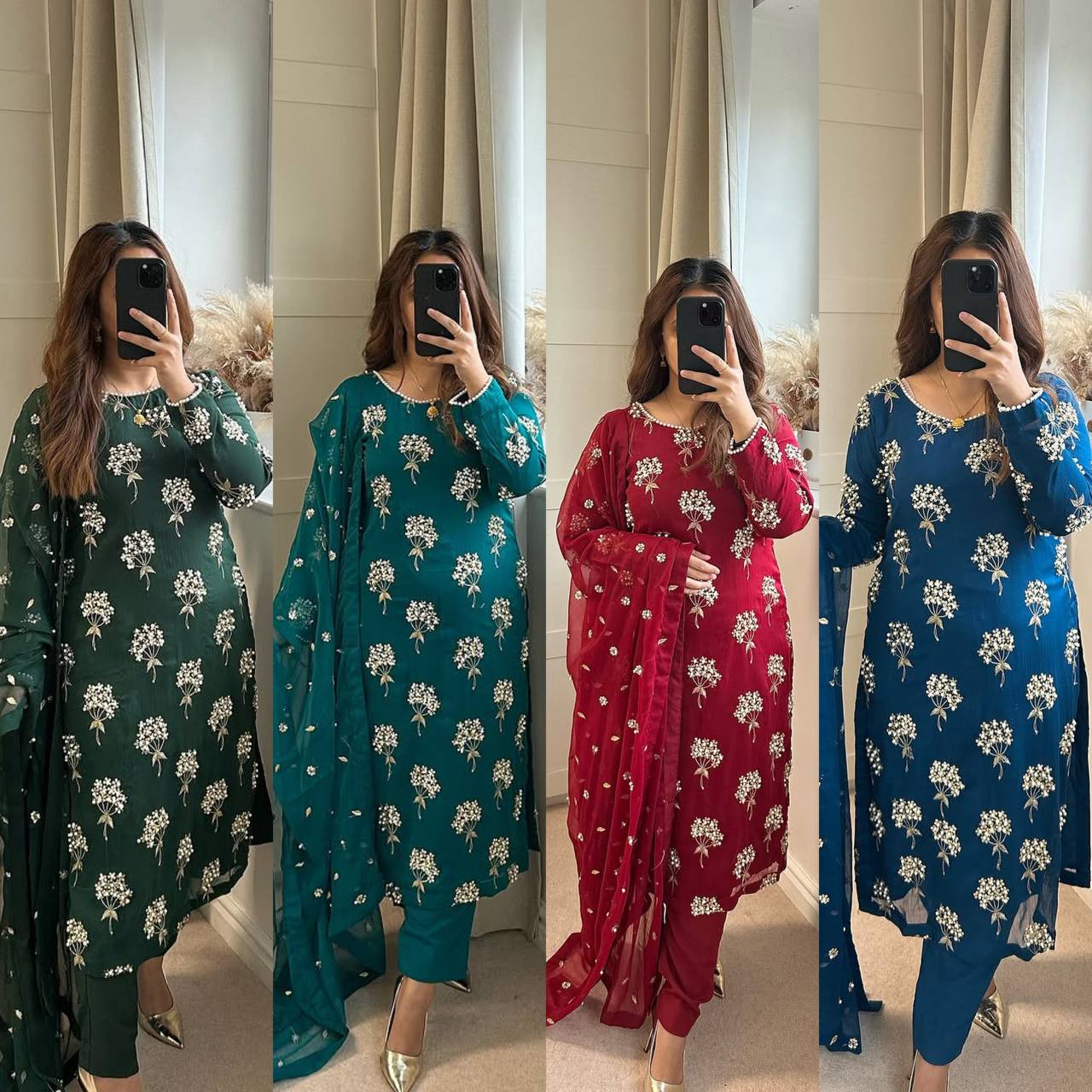 "Elegant Heavy Chinon Long Top with Embroidered Dupatta & Stitched Pant Set"