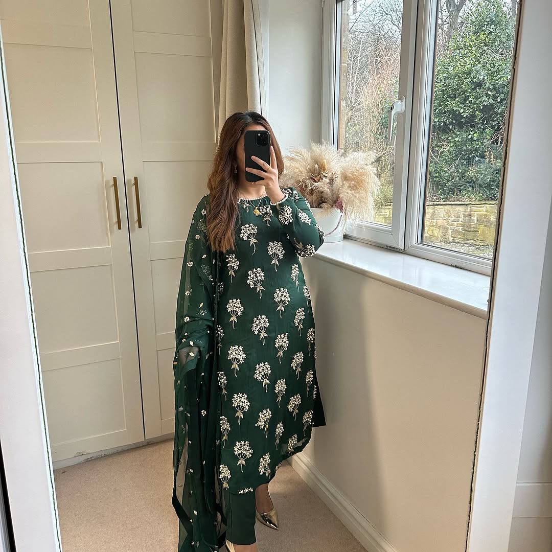 "Elegant Heavy Chinon Long Top with Embroidered Dupatta & Stitched Pant Set"