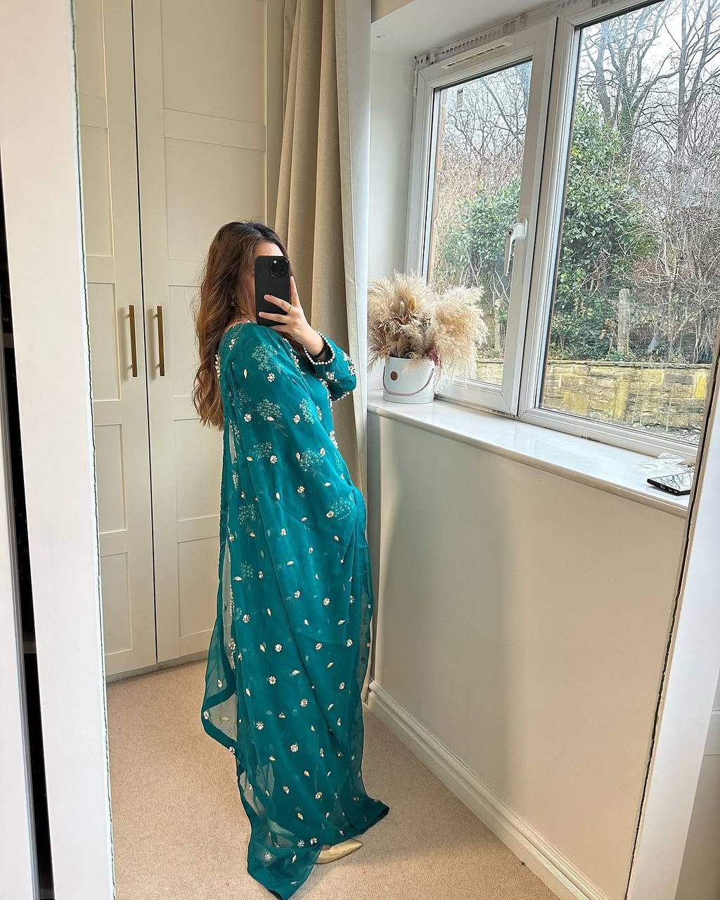 "Elegant Heavy Chinon Long Top with Embroidered Dupatta & Stitched Pant Set"