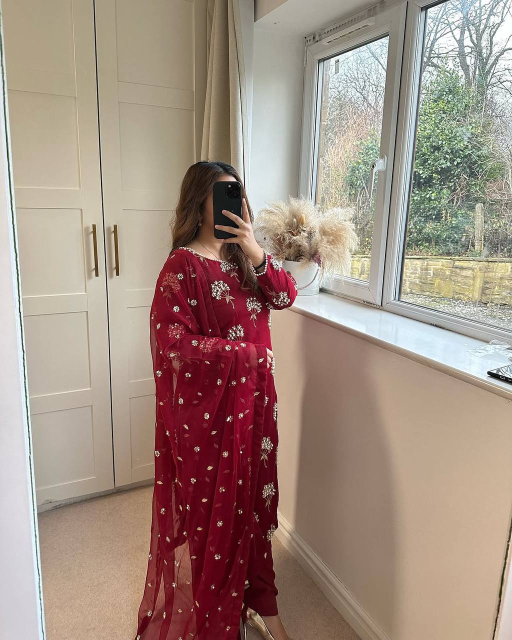 "Elegant Heavy Chinon Long Top with Embroidered Dupatta & Stitched Pant Set"